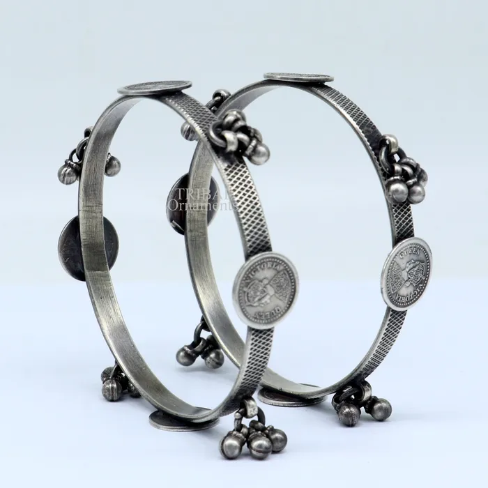 TRIBAL ORNAMENTS 925 sterling silver handmade customized tribal ethnic bangle bracelet best vintage style hanging drops bangles for gifting nba328 Bracelets