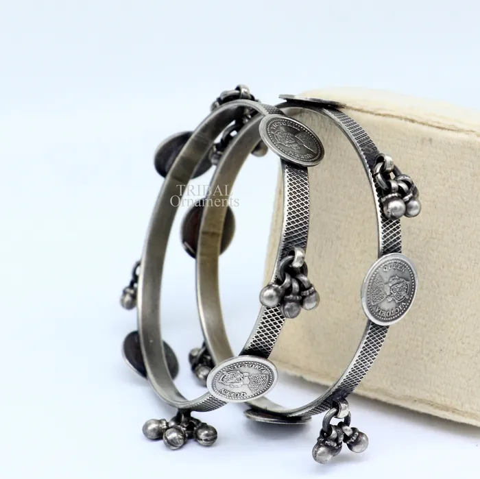TRIBAL ORNAMENTS 925 sterling silver handmade customized tribal ethnic bangle bracelet best vintage style hanging drops bangles for gifting nba328 Bracelets