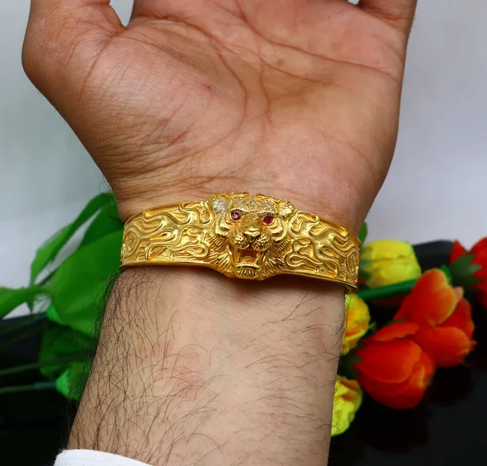 TRIBAL ORNAMENTS 925 Sterling silver handmade excellent lion face solid cuff kada Gold polished bracelet amazing bracelet vintage style mens jewelry cuff147 Bracelets