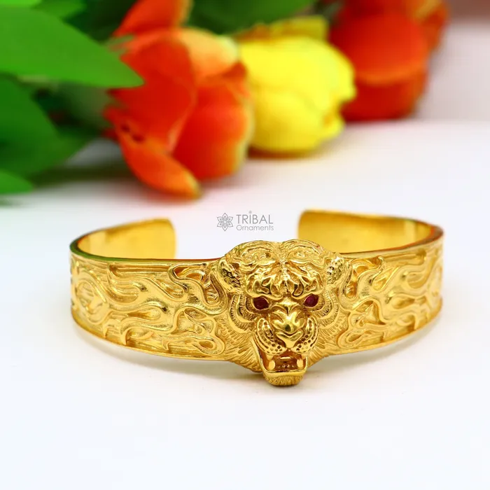 TRIBAL ORNAMENTS 925 Sterling silver handmade excellent lion face solid cuff kada Gold polished bracelet amazing bracelet vintage style mens jewelry cuff147 Bracelets