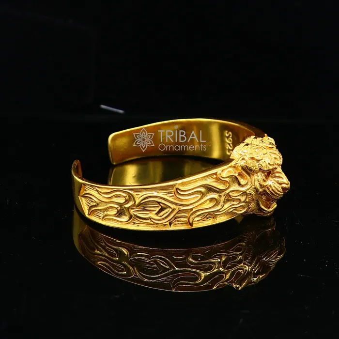 TRIBAL ORNAMENTS 925 Sterling silver handmade excellent lion face solid cuff kada Gold polished bracelet amazing bracelet vintage style mens jewelry cuff147 Bracelets
