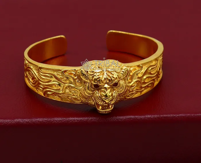 TRIBAL ORNAMENTS 925 Sterling silver handmade excellent lion face solid cuff kada Gold polished bracelet amazing bracelet vintage style mens jewelry cuff147 Bracelets