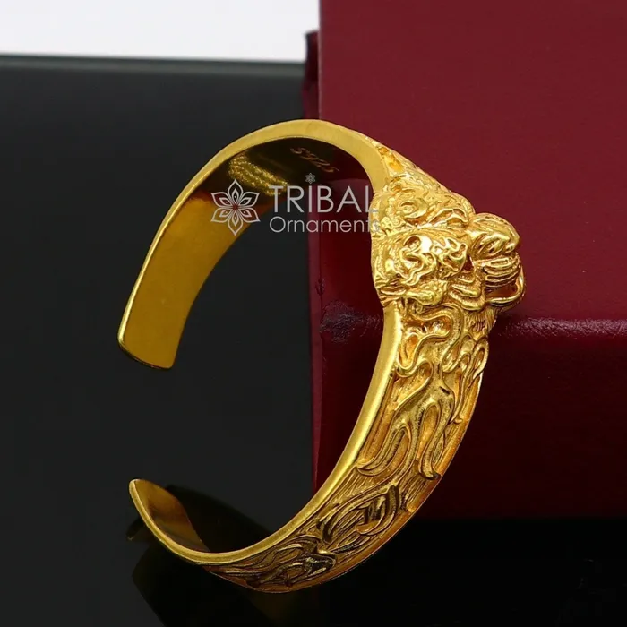 TRIBAL ORNAMENTS 925 Sterling silver handmade excellent lion face solid cuff kada Gold polished bracelet amazing bracelet vintage style mens jewelry cuff147 Bracelets