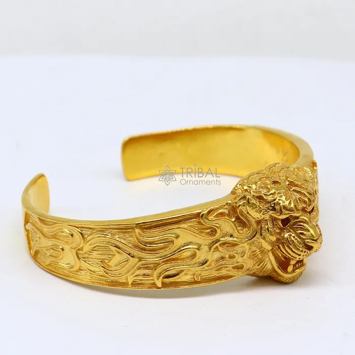 TRIBAL ORNAMENTS 925 Sterling silver handmade excellent lion face solid cuff kada Gold polished bracelet amazing bracelet vintage style mens jewelry cuff147 Bracelets