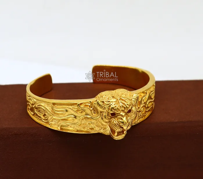 TRIBAL ORNAMENTS 925 Sterling silver handmade excellent lion face solid cuff kada Gold polished bracelet amazing bracelet vintage style mens jewelry cuff147 Bracelets