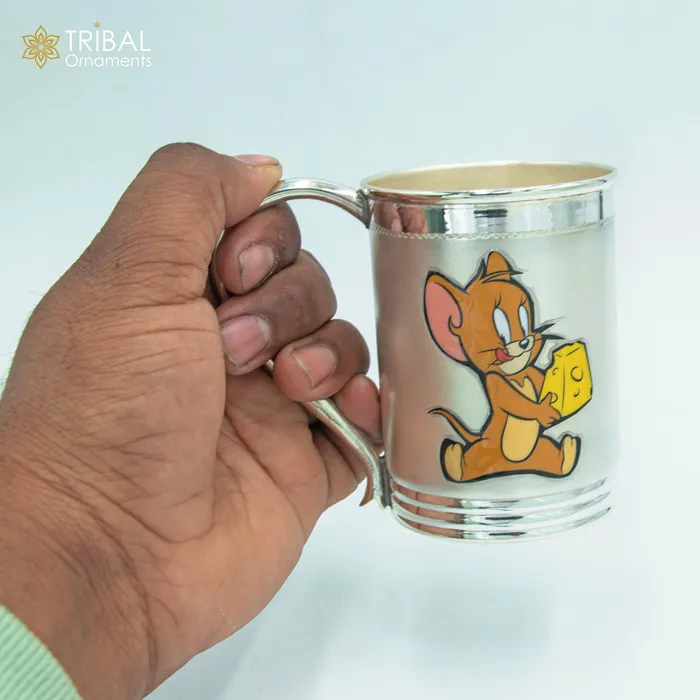 TRIBAL ORNAMENTS 925 sterling silver handmade tom and jerry cartoon design coffee cup or water milk cup tumbler silver baby food flask silver kids utensils gift sv299 Necklaces