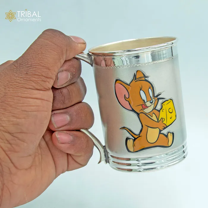 TRIBAL ORNAMENTS 925 sterling silver handmade tom and jerry cartoon design coffee cup or water milk cup tumbler silver baby food flask silver kids utensils gift sv299 Necklaces