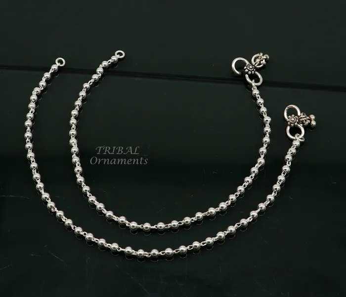 TRIBAL ORNAMENTS Bracelets 4mm 9to 12 925 sterling silver beadedball chain anklet bracelet amazing light weight delicate anklets belly dance silver jewelry ank538
