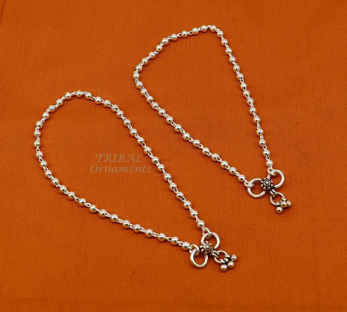TRIBAL ORNAMENTS Bracelets 4mm 9to 12 925 sterling silver beadedball chain anklet bracelet amazing light weight delicate anklets belly dance silver jewelry ank538