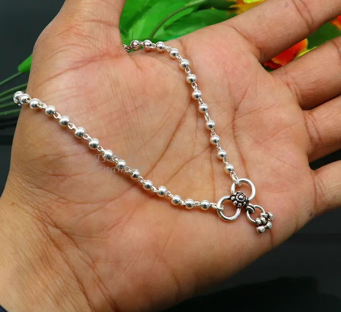 TRIBAL ORNAMENTS Bracelets 4mm 9to 12 925 sterling silver beadedball chain anklet bracelet amazing light weight delicate anklets belly dance silver jewelry ank538