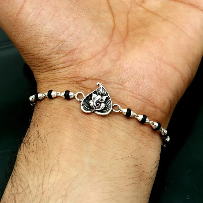 TRIBAL ORNAMENTS Bracelets 8 inches long handmade solid 925 sterling silver Ganesha design tulsi beaded Rakhi Bracelet special personalized Rakshabandhan gift rk13 TRIBAL ORNAMENTS Bracelets 8 inches long handmade solid 925 sterling silver Ganesha design tulsi beaded Rakhi Bracelet special personalized Rakshabandhan gift rk13