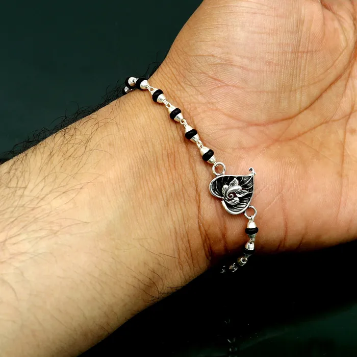 TRIBAL ORNAMENTS Bracelets 8 inches long handmade solid 925 sterling silver Ganesha design tulsi beaded Rakhi Bracelet special personalized Rakshabandhan gift rk13