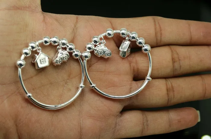 TRIBAL ORNAMENTS Bracelets 925 sterling silver adjustable charm bangle bracelet kada unisex kids baby bbk31