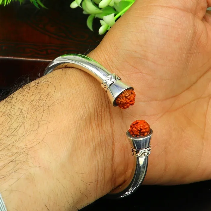 TRIBAL ORNAMENTS Bracelets 925 sterling silver handmade gorgeous Plain bright stylish kada with rudraksha beads open face kada bracelet jewelry from india nsk81