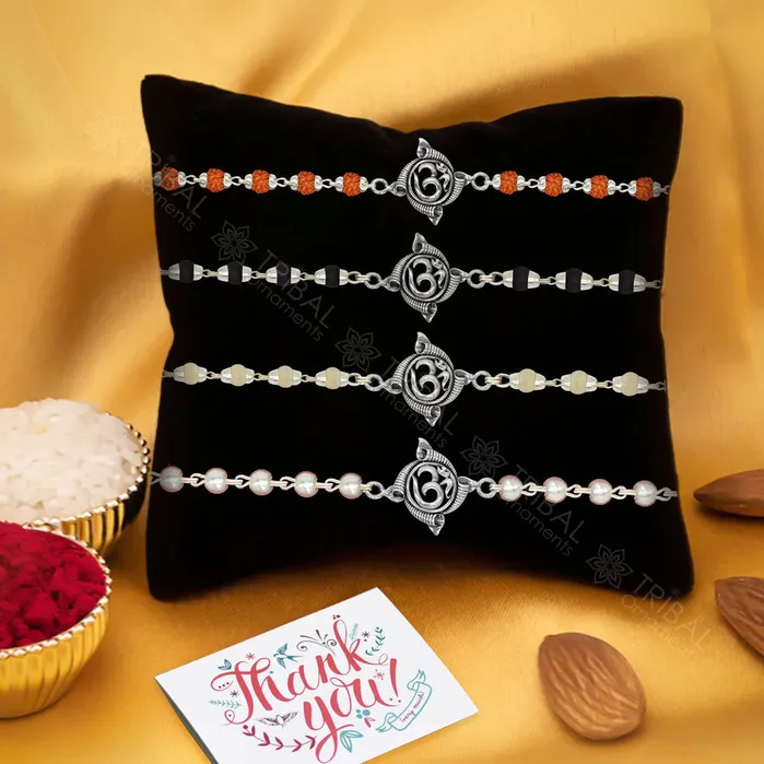 TRIBAL ORNAMENTS Bracelets Exclusive style Aum or OM Mantra 925 sterling silver Rakhi bracelet in rudrakshblack basilwhite basil and silver beaded chain rk267 TRIBAL ORNAMENTS Bracelets Exclusive style Aum or OM Mantra 925 sterling silver Rakhi bracelet in rudrakshblack basilwhite basil and silver beaded chain rk267