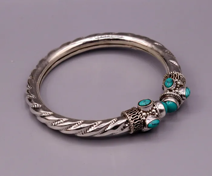 TRIBAL ORNAMENTS Bracelets Vintage design handmade 925 sterling silver fabulous turquoise stone jadau bangle bracelet kada unisex customized jewelry from india nsk73