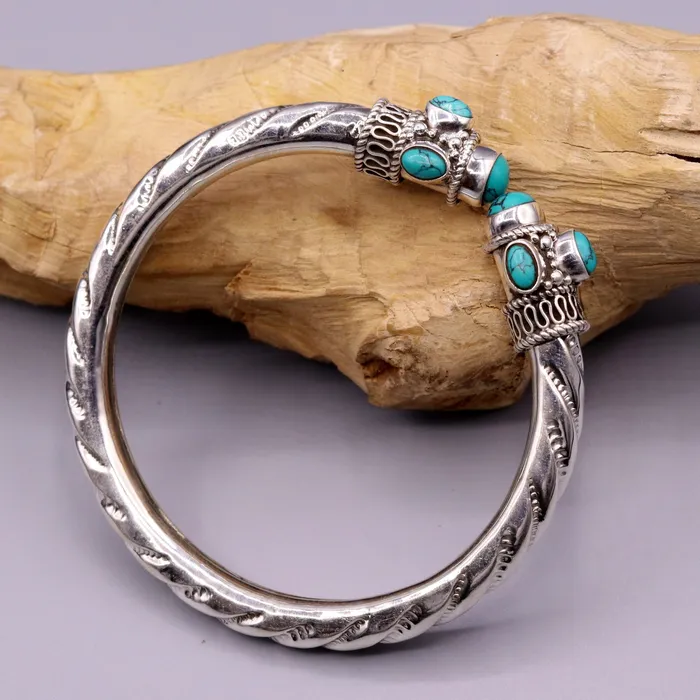TRIBAL ORNAMENTS Bracelets Vintage design handmade 925 sterling silver fabulous turquoise stone jadau bangle bracelet kada unisex customized jewelry from india nsk73