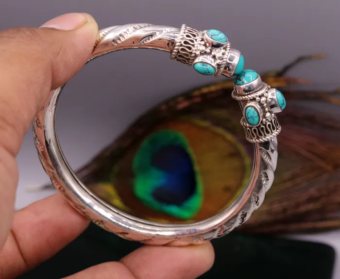 TRIBAL ORNAMENTS Bracelets Vintage design handmade 925 sterling silver fabulous turquoise stone jadau bangle bracelet kada unisex customized jewelry from india nsk73
