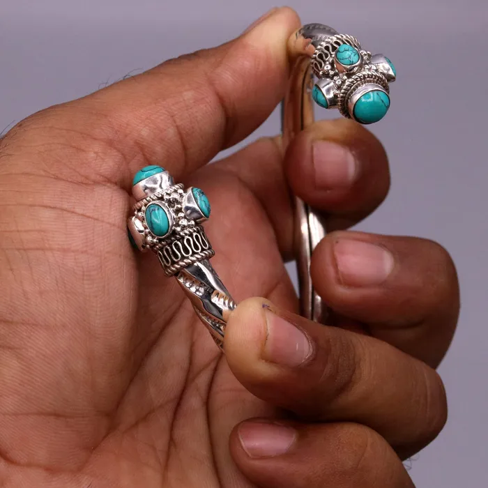 TRIBAL ORNAMENTS Bracelets Vintage design handmade 925 sterling silver fabulous turquoise stone jadau bangle bracelet kada unisex customized jewelry from india nsk73