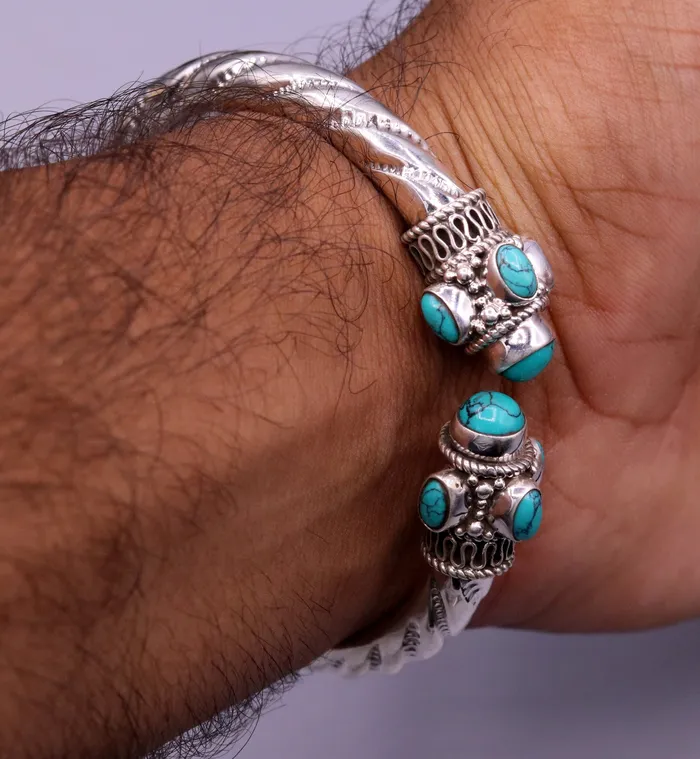 TRIBAL ORNAMENTS Bracelets Vintage design handmade 925 sterling silver fabulous turquoise stone jadau bangle bracelet kada unisex customized jewelry from india nsk73