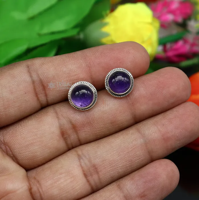 TRIBAL ORNAMENTS Earrings 11MM round 925 sterling silver fabulous amethyst stone stud earrings best unisex jewelry fancy earrings daily use jewelry collection s1220