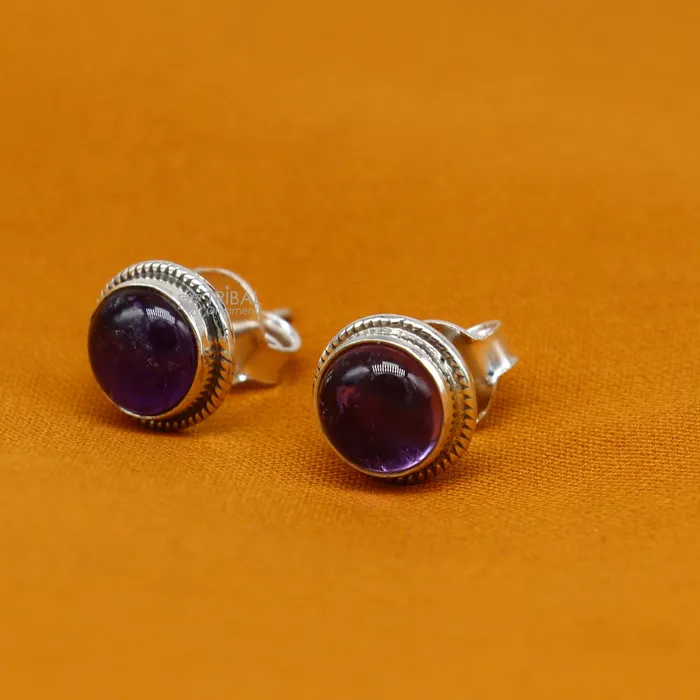 TRIBAL ORNAMENTS Earrings 11MM round 925 sterling silver fabulous amethyst stone stud earrings best unisex jewelry fancy earrings daily use jewelry collection s1220