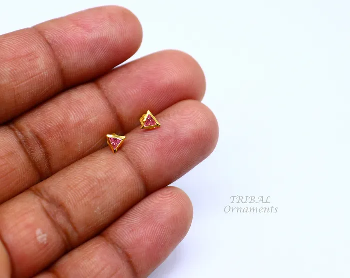 TRIBAL ORNAMENTS Earrings 4mm tiny single pink stone handmade 18kt yellow gold combo jewelry we can use as stud or nose stud baby stud cartilage jewelry er159