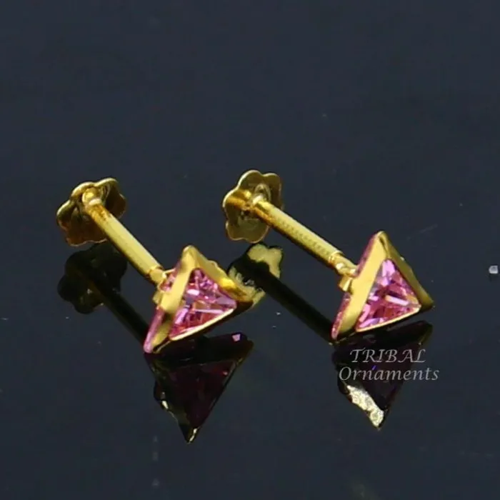 TRIBAL ORNAMENTS Earrings 4mm tiny single pink stone handmade 18kt yellow gold combo jewelry we can use as stud or nose stud baby stud cartilage jewelry er159
