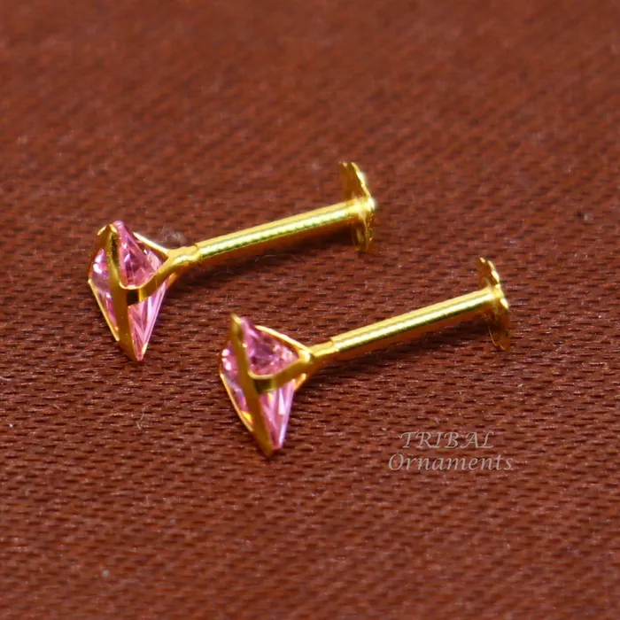 TRIBAL ORNAMENTS Earrings 4mm tiny single pink stone handmade 18kt yellow gold combo jewelry we can use as stud or nose stud baby stud cartilage jewelry er159