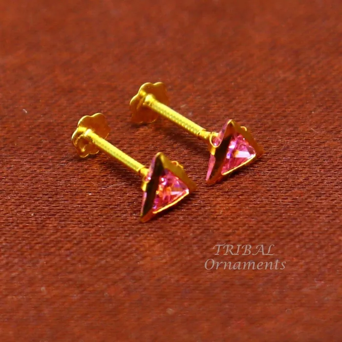 TRIBAL ORNAMENTS Earrings 4mm tiny single pink stone handmade 18kt yellow gold combo jewelry we can use as stud or nose stud baby stud cartilage jewelry er159