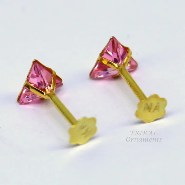TRIBAL ORNAMENTS Earrings 4mm tiny single pink stone handmade 18kt yellow gold combo jewelry we can use as stud or nose stud baby stud cartilage jewelry er159
