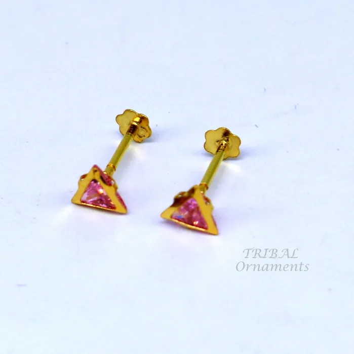 TRIBAL ORNAMENTS Earrings 4mm tiny single pink stone handmade 18kt yellow gold combo jewelry we can use as stud or nose stud baby stud cartilage jewelry er159