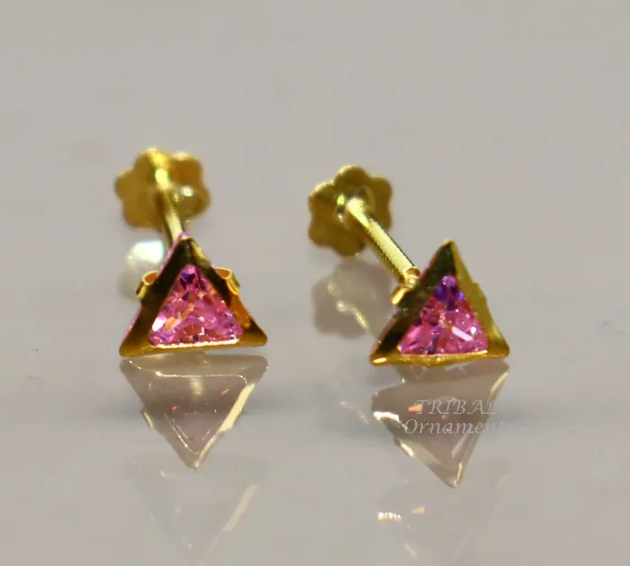 TRIBAL ORNAMENTS Earrings 4mm tiny single pink stone handmade 18kt yellow gold combo jewelry we can use as stud or nose stud baby stud cartilage jewelry er159