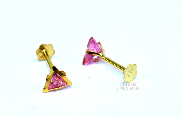TRIBAL ORNAMENTS Earrings 4mm tiny single pink stone handmade 18kt yellow gold combo jewelry we can use as stud or nose stud baby stud cartilage jewelry er159