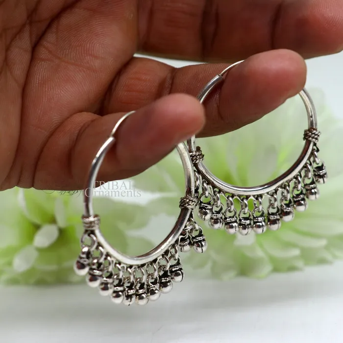 TRIBAL ORNAMENTS Earrings 925 sterling silver handmade hoop earring fabulous Bali hanging bells hook hoop gifting gorgeous tribal customized jewelry s368 TRIBAL ORNAMENTS Earrings 925 sterling silver handmade hoop earring fabulous Bali hanging bells hook hoop gifting gorgeous tribal customized jewelry s368