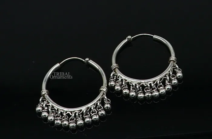 TRIBAL ORNAMENTS Earrings 925 sterling silver handmade hoop earring fabulous Bali hanging bells hook hoop gifting gorgeous tribal customized jewelry s368