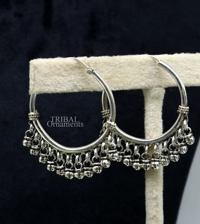 TRIBAL ORNAMENTS Earrings 925 sterling silver handmade hoop earring fabulous Bali hanging bells hook hoop gifting gorgeous tribal customized jewelry s368