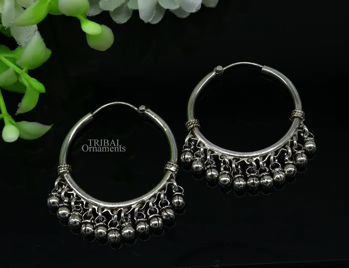 TRIBAL ORNAMENTS Earrings 925 sterling silver handmade hoop earring fabulous Bali hanging bells hook hoop gifting gorgeous tribal customized jewelry s368