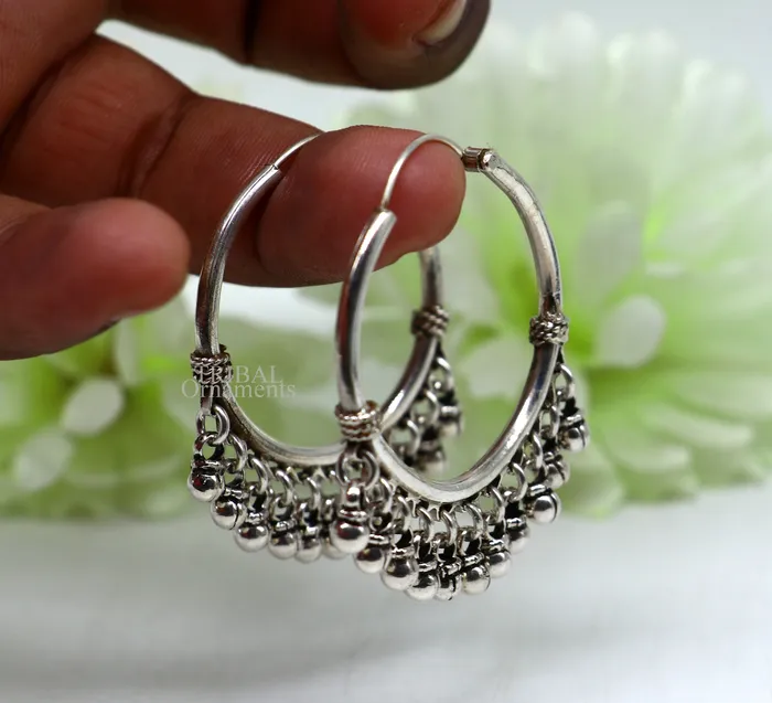 TRIBAL ORNAMENTS Earrings 925 sterling silver handmade hoop earring fabulous Bali hanging bells hook hoop gifting gorgeous tribal customized jewelry s368