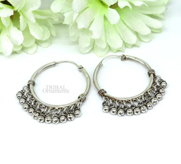 TRIBAL ORNAMENTS Earrings 925 sterling silver handmade hoop earring fabulous Bali hanging bells hook hoop gifting gorgeous tribal customized jewelry s368