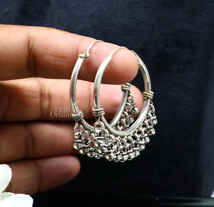 TRIBAL ORNAMENTS Earrings 925 sterling silver handmade hoop earring fabulous Bali hanging bells hook hoop gifting gorgeous tribal customized jewelry s368