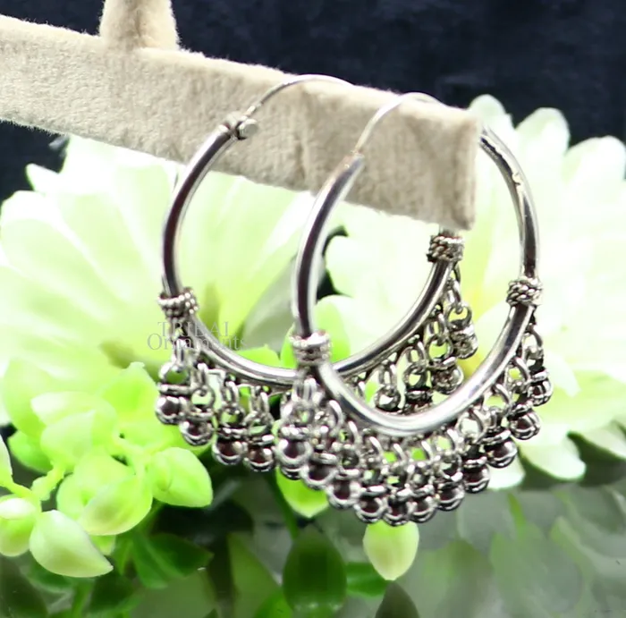 TRIBAL ORNAMENTS Earrings 925 sterling silver handmade hoop earring fabulous Bali hanging bells hook hoop gifting gorgeous tribal customized jewelry s368