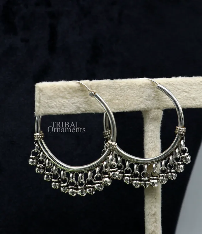 TRIBAL ORNAMENTS Earrings 925 sterling silver handmade hoop earring fabulous Bali hanging bells hook hoop gifting gorgeous tribal customized jewelry s368