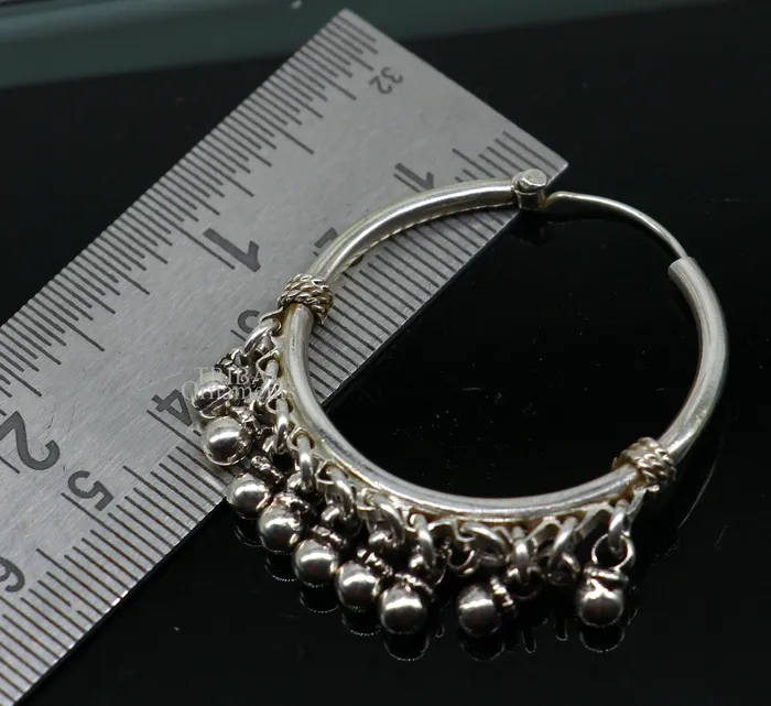 TRIBAL ORNAMENTS Earrings 925 sterling silver handmade hoop earring fabulous Bali hanging bells hook hoop gifting gorgeous tribal customized jewelry s368