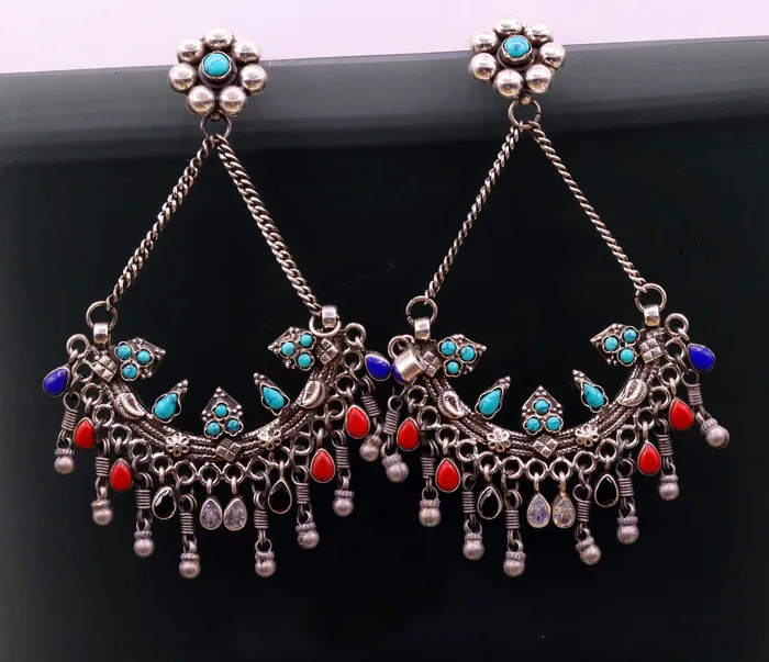 TRIBAL ORNAMENTS Earrings 925 sterling silver handmade turquoise and coral stone fabulous long charm earring stud drop dangle chandbala chandelier style jewelry s724