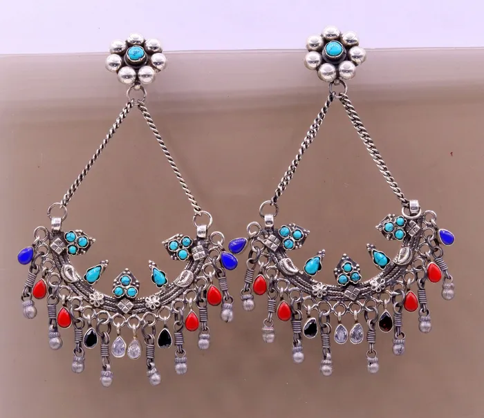 TRIBAL ORNAMENTS Earrings 925 sterling silver handmade turquoise and coral stone fabulous long charm earring stud drop dangle chandbala chandelier style jewelry s724