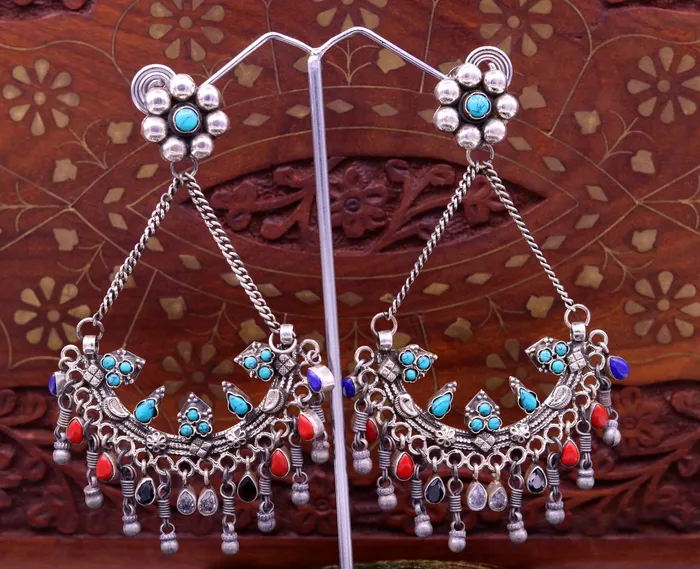 TRIBAL ORNAMENTS Earrings 925 sterling silver handmade turquoise and coral stone fabulous long charm earring stud drop dangle chandbala chandelier style jewelry s724
