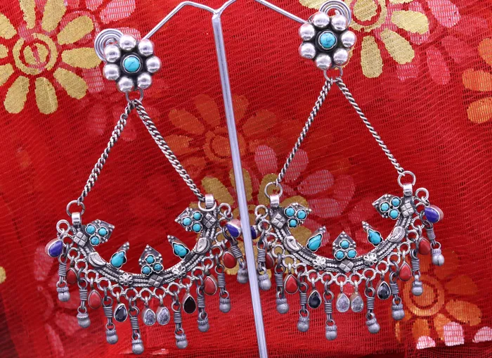 TRIBAL ORNAMENTS Earrings 925 sterling silver handmade turquoise and coral stone fabulous long charm earring stud drop dangle chandbala chandelier style jewelry s724