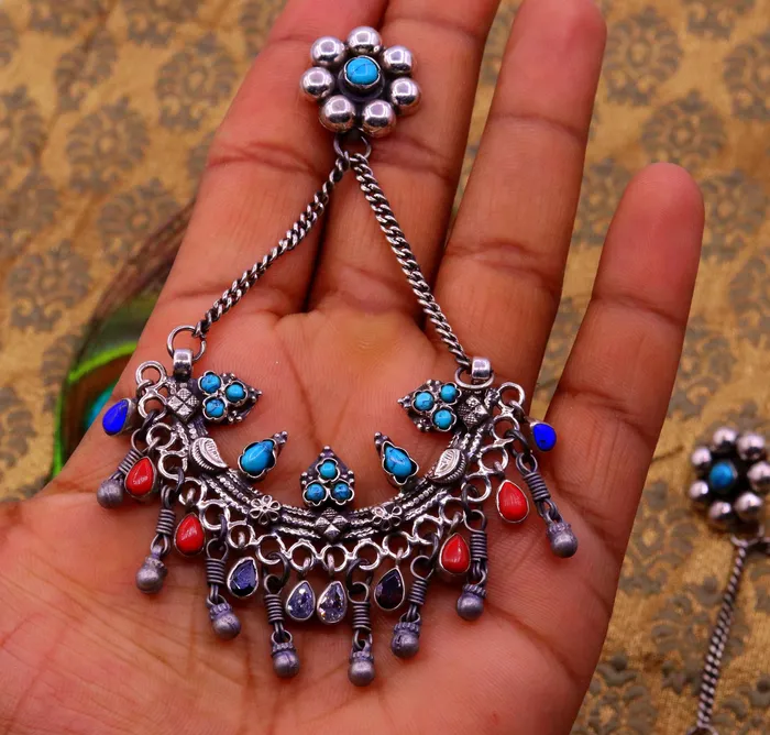 TRIBAL ORNAMENTS Earrings 925 sterling silver handmade turquoise and coral stone fabulous long charm earring stud drop dangle chandbala chandelier style jewelry s724