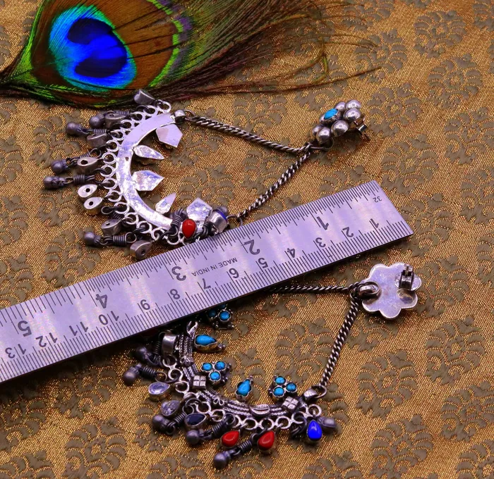 TRIBAL ORNAMENTS Earrings 925 sterling silver handmade turquoise and coral stone fabulous long charm earring stud drop dangle chandbala chandelier style jewelry s724
